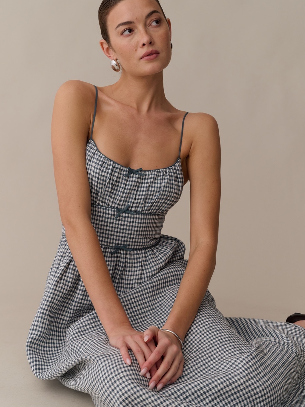 Kourt Darya Linen Dress Few Moda Teal gingham Nwt XS Retail $222